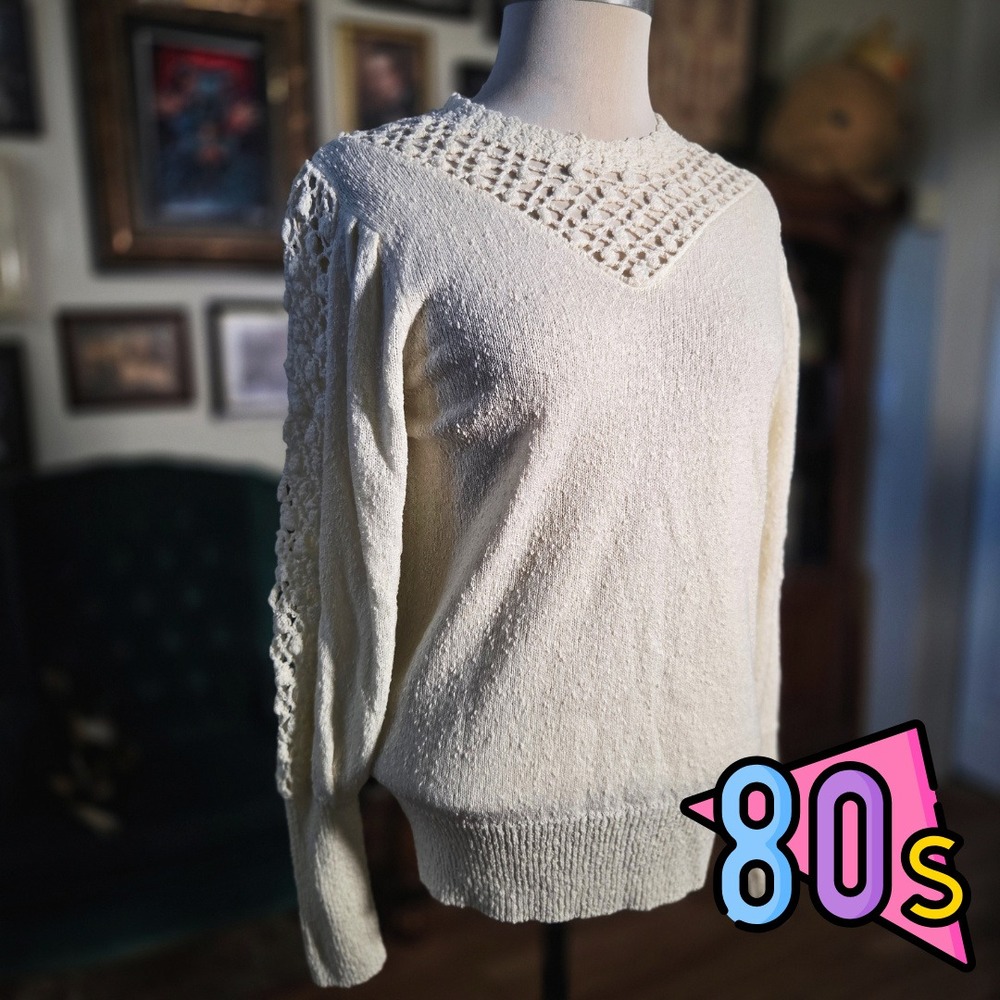 Vintage 80s Brownstone Studio Ivory‎ Crochet Lace Knit Sweater Puff Sleeve